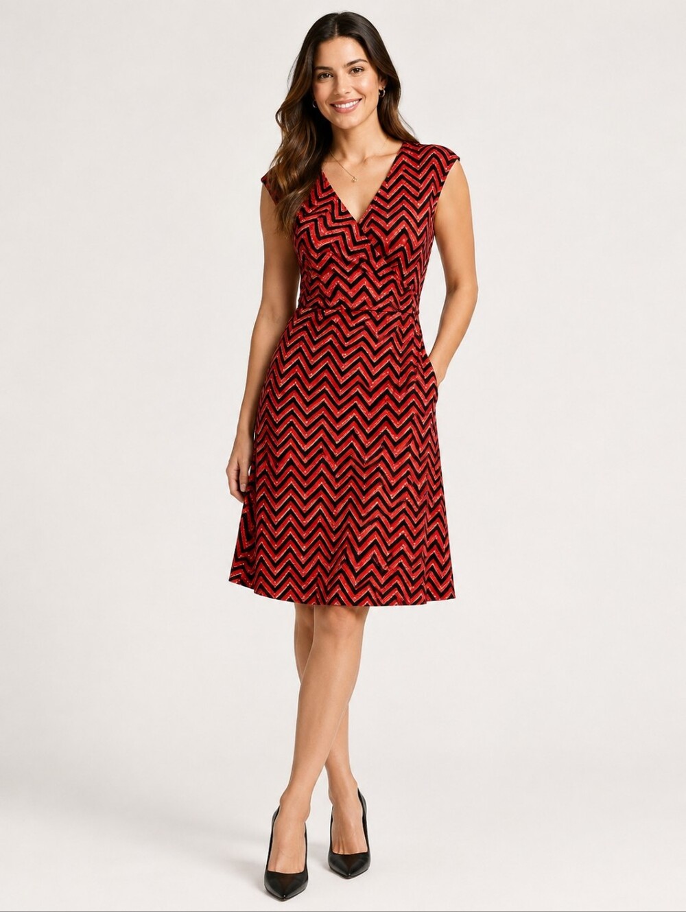 Lauren Ralph Lauren Chevron Print Cap Sleeve Surplice Wrap Dress Red 3X